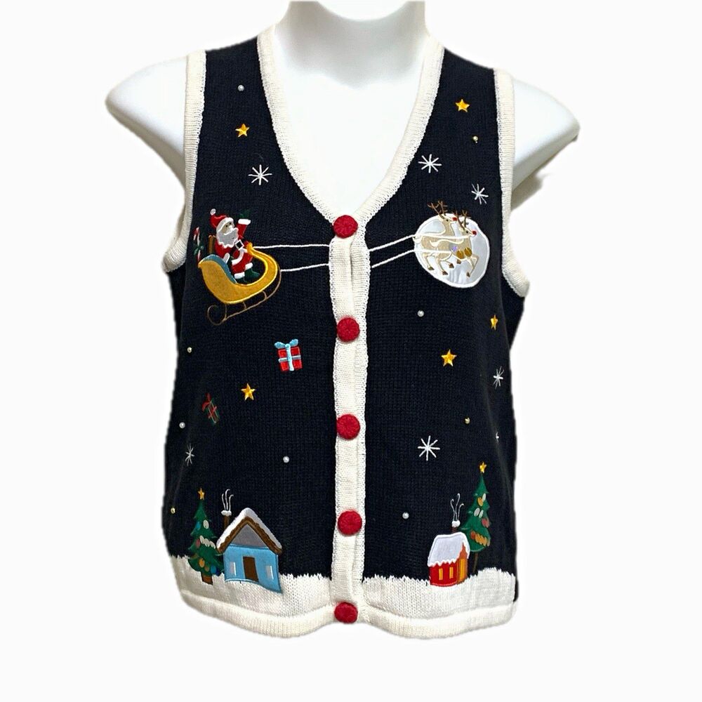 Holiday Editions Women’s Sweater Vest Medium Black V-Neck Full Button Santa Knit